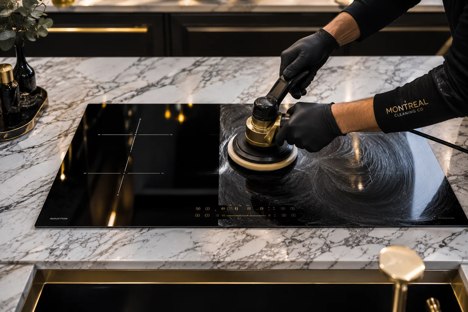 SurfaceHero specialist working on induction stove in Montreal